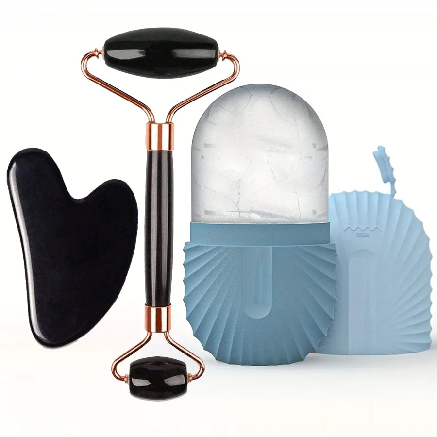 3pcs set-Blue Color Silicone Ice Face Roller Set With Gua Sha Massage Tools
