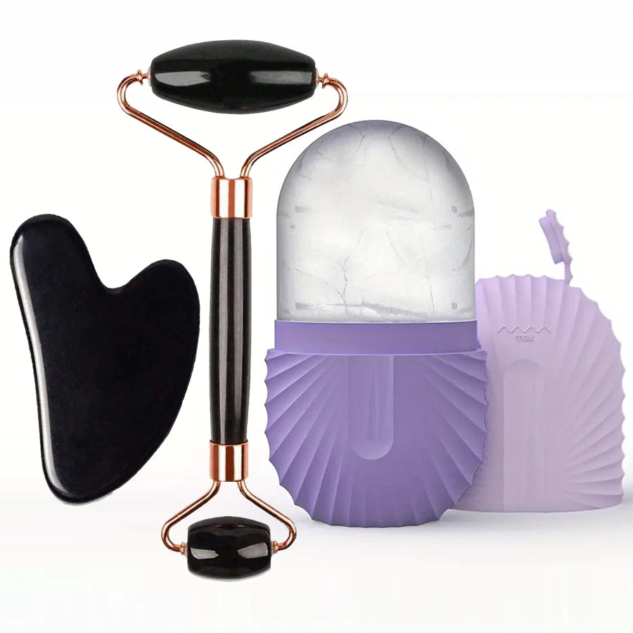 3pcs set-Purple Color Silicone Ice Face Roller Set With Gua Sha Massage Tools