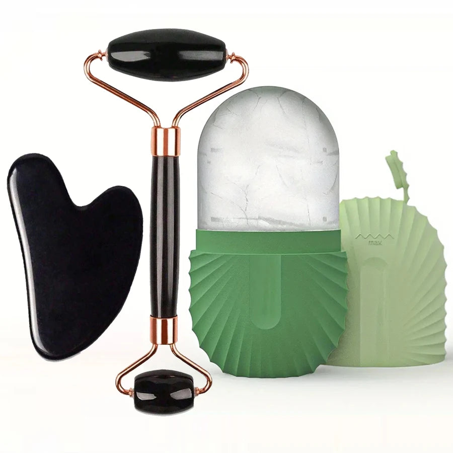 3pcs set-Green Color Silicone Ice Face Roller Set With Gua Sha Massage Tools