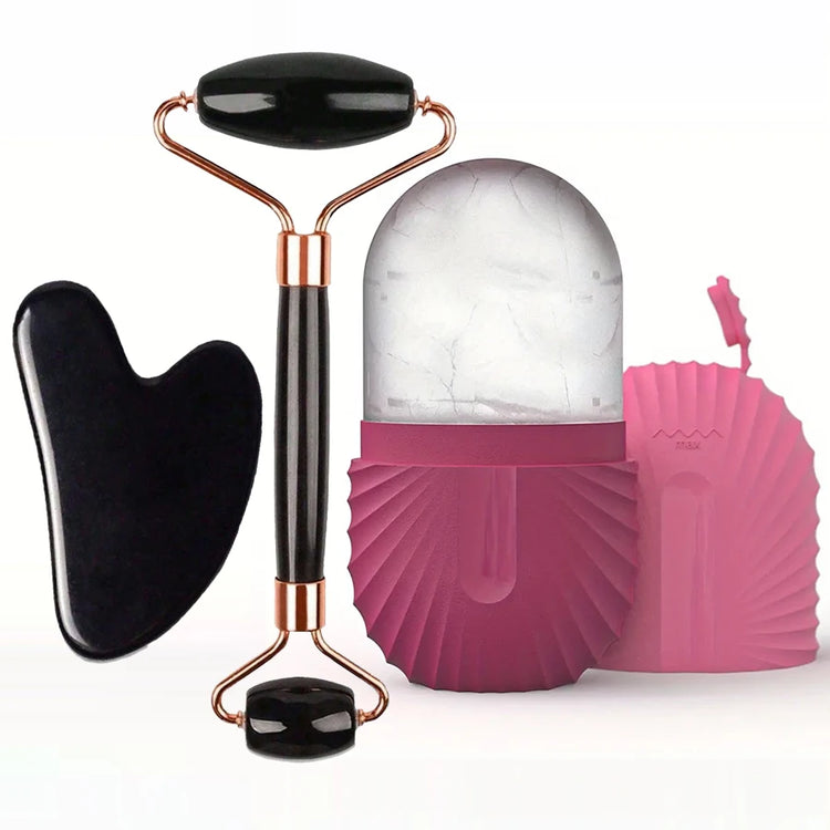 3pcs set-Rose Color Silicone Ice Face Roller Set With Gua Sha Massage Tools