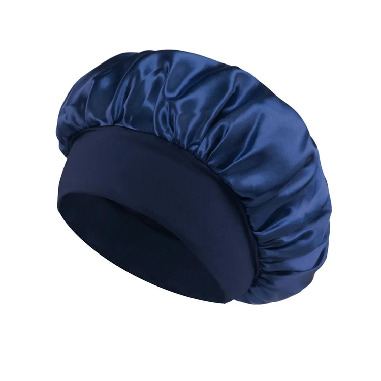 navy Color Women’s Satin Sleep Bonnet – Wide Brim, Soft Elastic Band