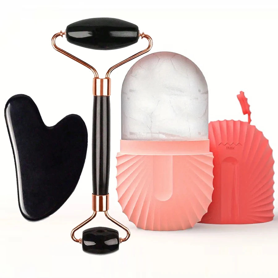 3pcs set-Pink Color Silicone Ice Face Roller Set With Gua Sha Massage Tools