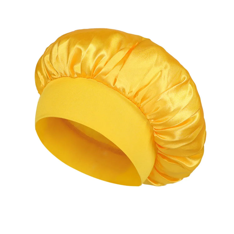 yellow Color Women’s Satin Sleep Bonnet – Wide Brim, Soft Elastic Band